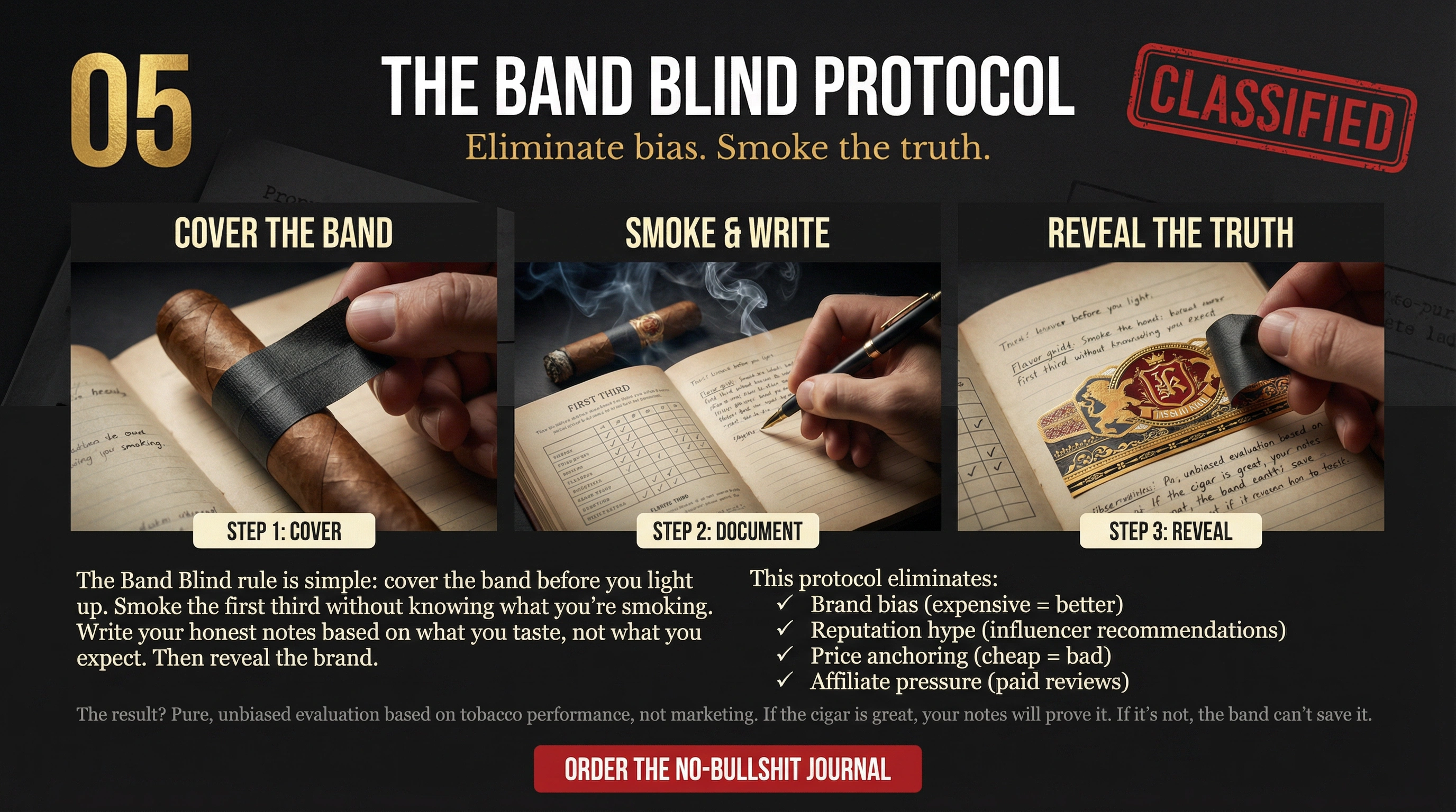 The Band Blind Protocol - Eliminate bias by covering the cigar band, smoking the first third blind, writing honest notes, then revealing the brand