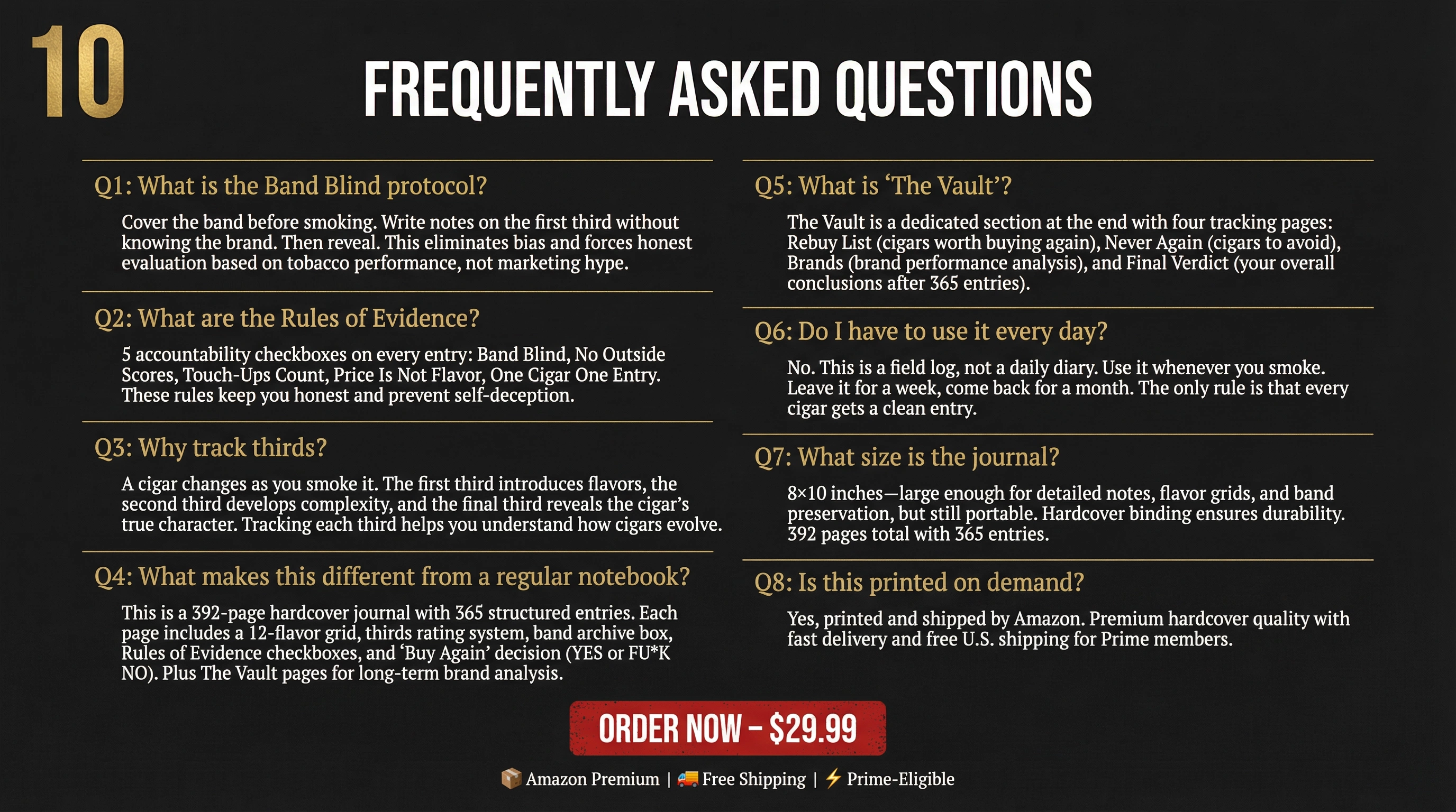 Frequently Asked Questions about The Cigar Dossier - Band Blind protocol, Rules of Evidence, thirds tracking, The Vault pages, journal size, Amazon printing