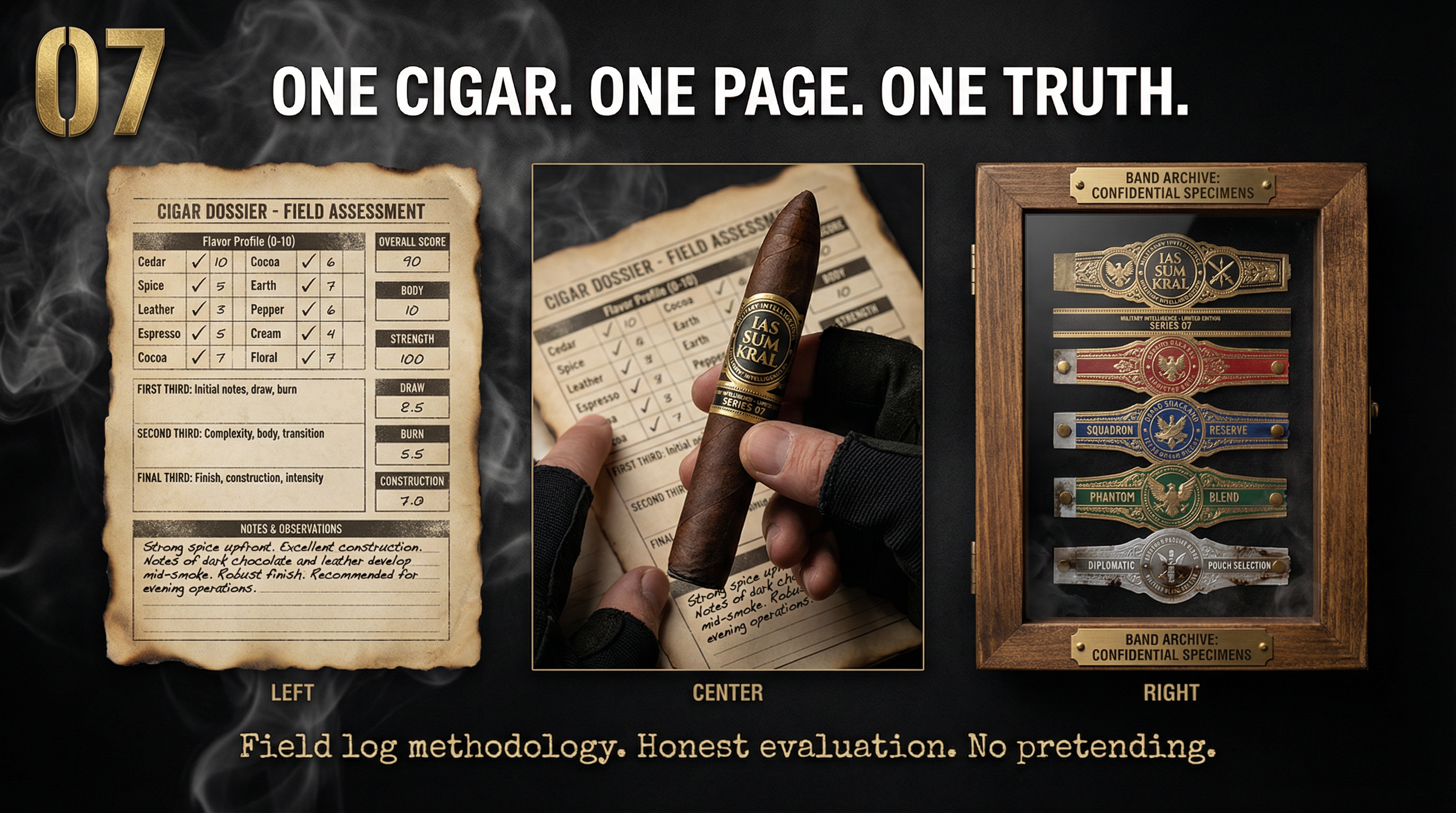 Visual showcase of The Cigar Dossier interior pages - Comprehensive flavor tracking, band preservation with custom IAS SUM KRAL cigar bands, and band archive box